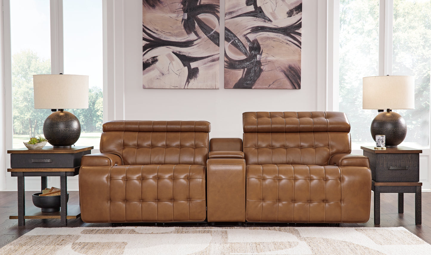 Haines Furniture Outlet - Ashley Furniture - Temmpton Sectional - 3-Piece Power Reclining Sectional Loveseat with Console / Chocolate - U92708S2