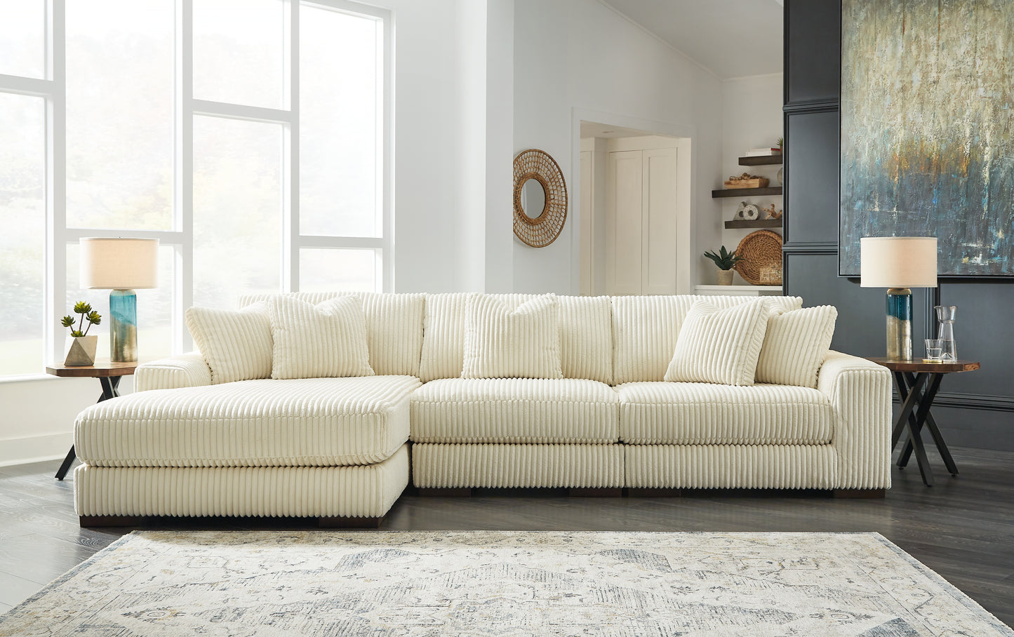 Haines Furniture Outlet - Ashley Furniture - Lindyn Sectional - RAF 3-Piece Sectional with Chaise / Ivory - 21104S13