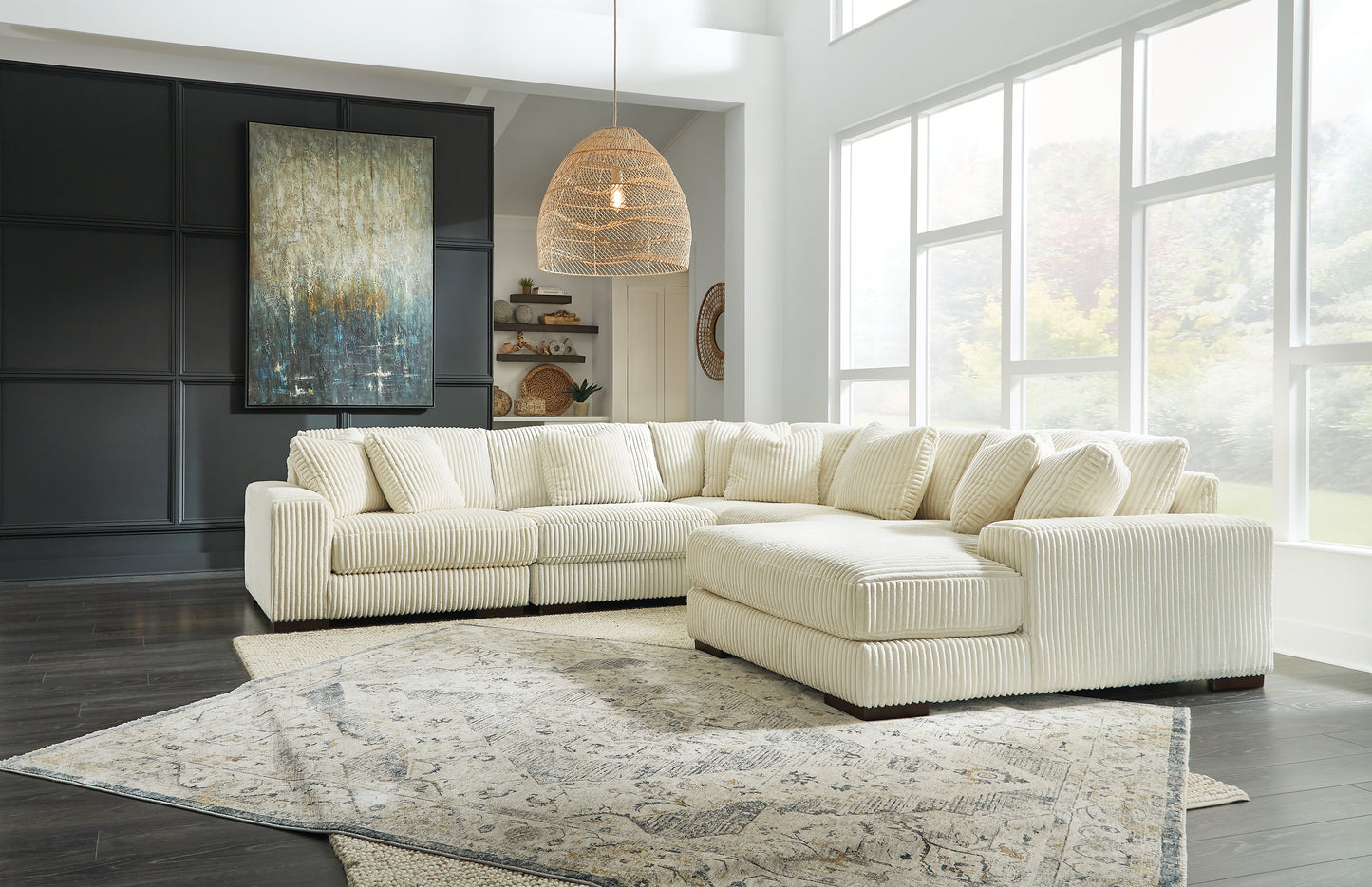 Haines Furniture Outlet - Ashley Furniture - Lindyn Sectional - RAF 5-Piece Sectional with Chaise / Ivory - 21104S7