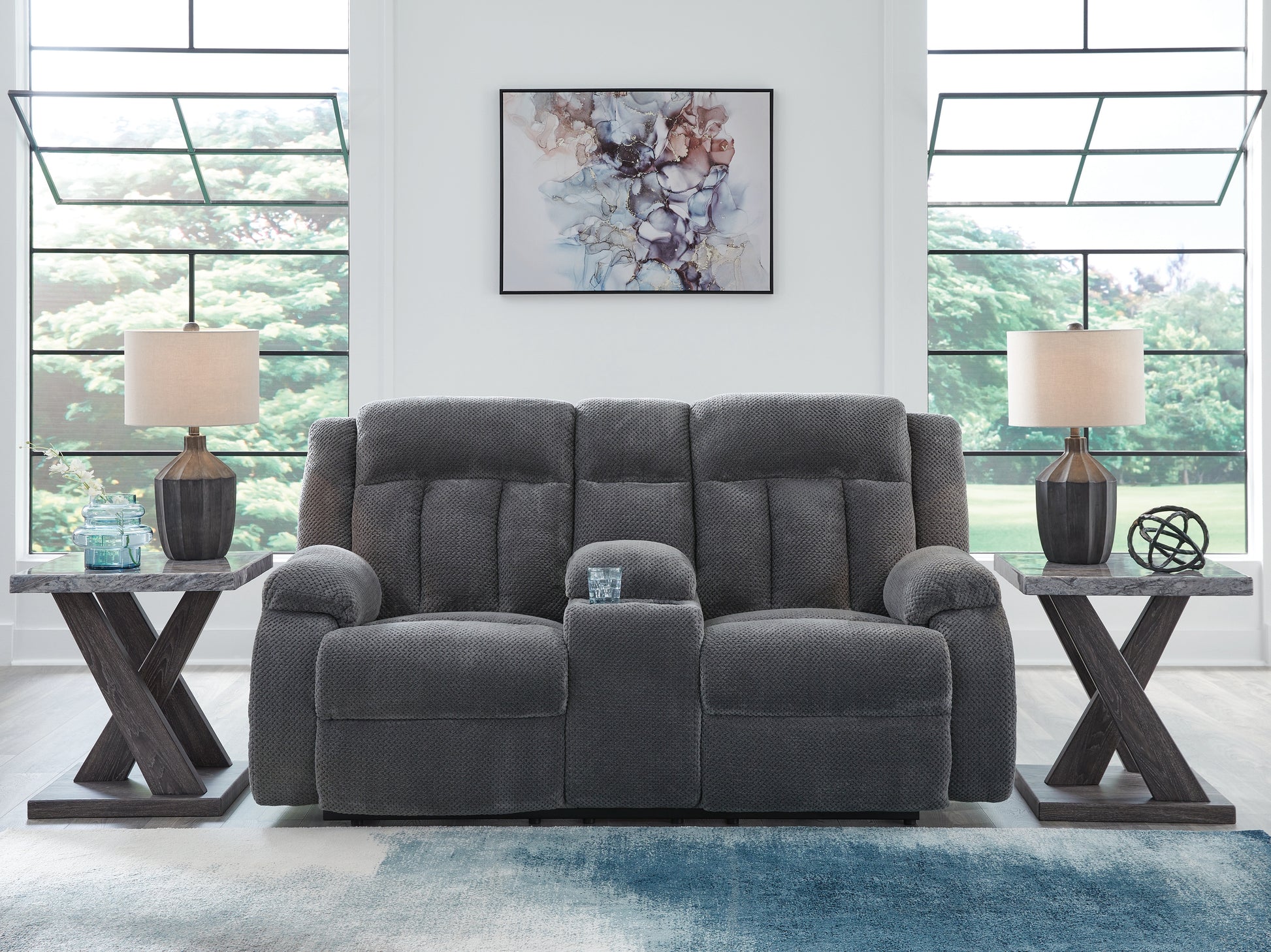 Haines Furniture Outlet - Ashley Furniture - Observation Living Room - DBL REC PWR Loveseat w/Console / Steel - PC2140596