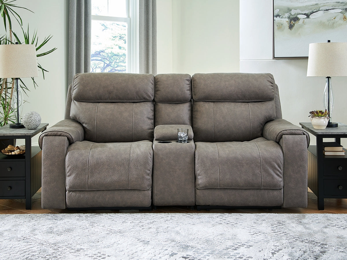 Haines Furniture Outlet - Ashley Furniture - Starbot Sectional - 3-Piece Power Reclining Sectional Loveseat with Console / Fossil - 23501S2