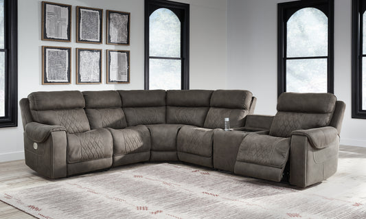 Haines Furniture Outlet - Ashley Furniture - Hoopster Sectional - 6-Piece Power Reclining Sectional / Gunmetal - 23703S5