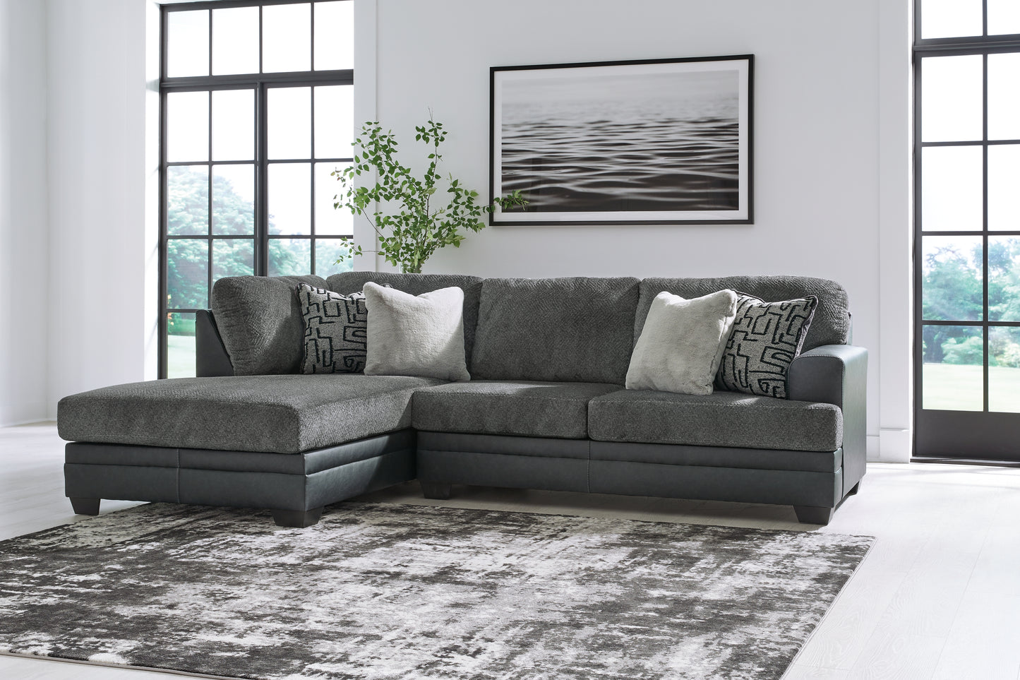 Haines Furniture Outlet - Ashley Furniture - Brixley Pier Sectional - RAF 2-Piece Sectional with Chaise / Graphite - 29906S1