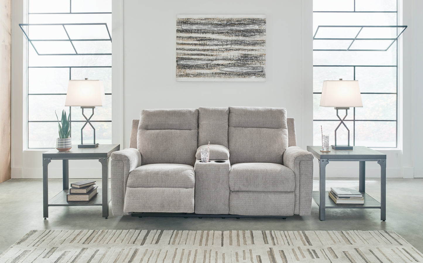 Haines Furniture Outlet - Ashley Furniture - Barnsana Living Room - DBL REC PWR Loveseat w/Console / Ash - 3320196
