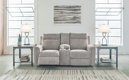 Haines Furniture Outlet - Ashley Furniture - Barnsana Living Room - DBL REC PWR Loveseat w/Console / Ash - 3320196