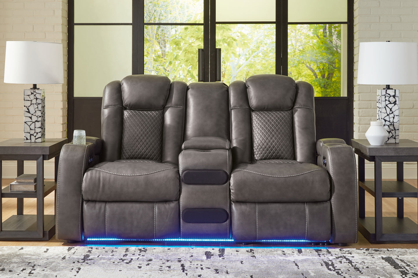 Haines Furniture Outlet - Ashley Furniture - Fyne-Dyme Living Room - PWR REC Loveseat/CON/ADJ HDRST / Shadow - 3660218