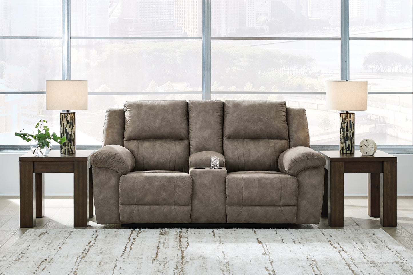 Haines Furniture Outlet - Ashley Furniture - Laresview Living Room - DBL Rec Loveseat w/Console / Fossil - 3720394