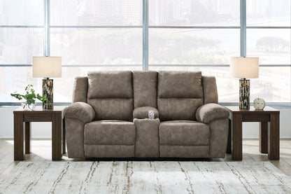 Haines Furniture Outlet - Ashley Furniture - Laresview Living Room - DBL Rec Loveseat w/Console / Fossil - 3720394