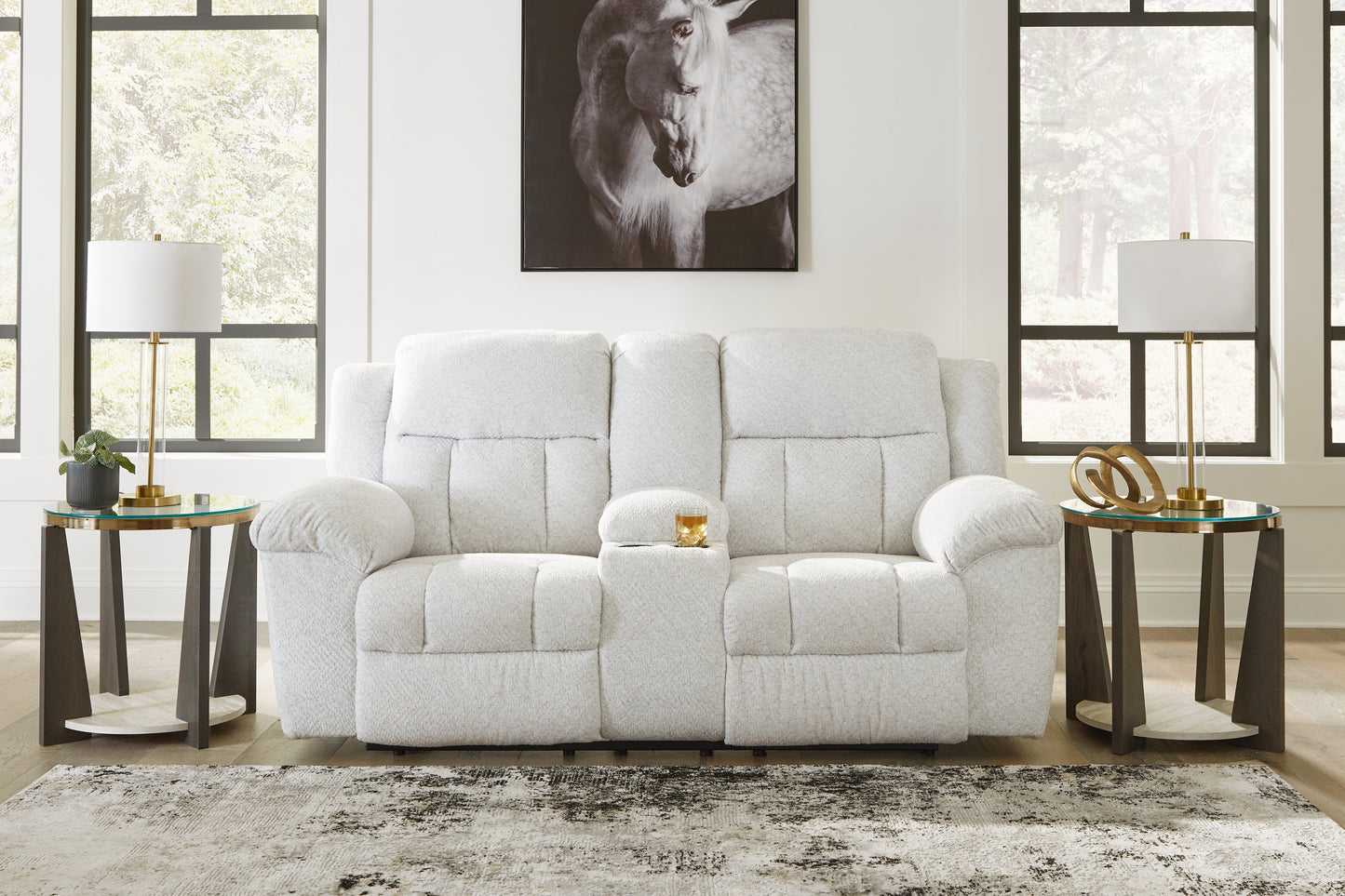 Haines Furniture Outlet - Ashley Furniture - Frohn Living Room - DBL Rec Loveseat w/Console / Snow - 3740594