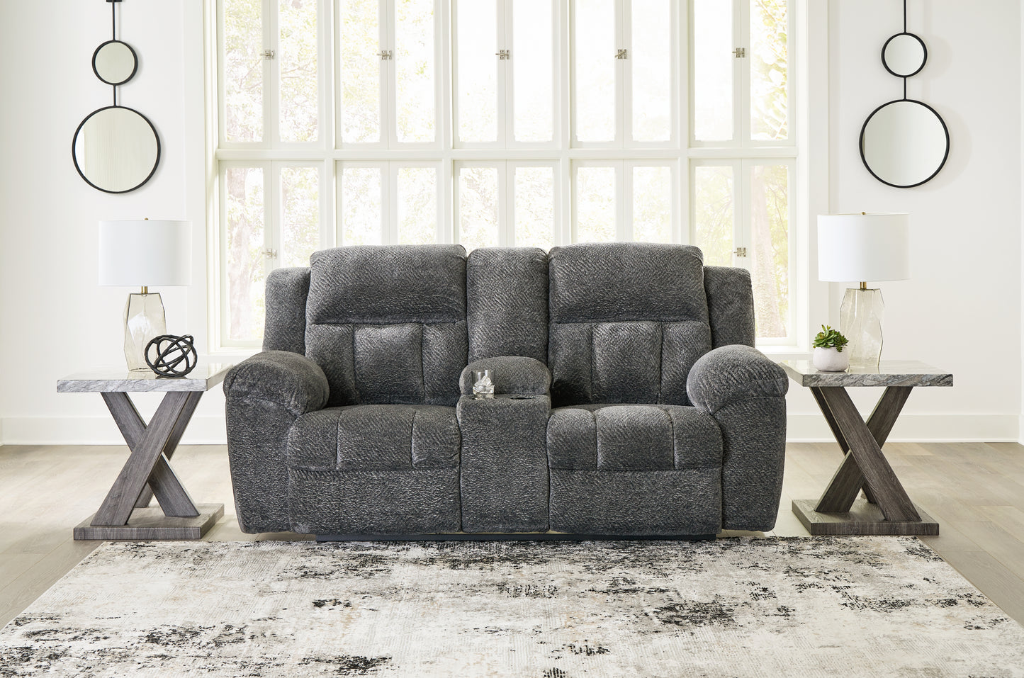 Haines Furniture Outlet - Ashley Furniture - Frohn Living Room - DBL Rec Loveseat w/Console / Graphite - 3740694