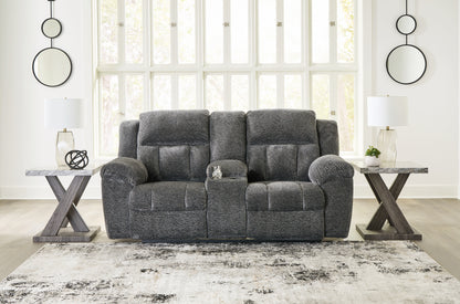 Haines Furniture Outlet - Ashley Furniture - Frohn Living Room - DBL Rec Loveseat w/Console / Graphite - 3740694