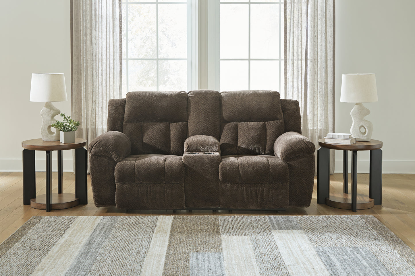 Haines Furniture Outlet - Ashley Furniture - Frohn Living Room - DBL Rec Loveseat w/Console / Chocolate - 3740794