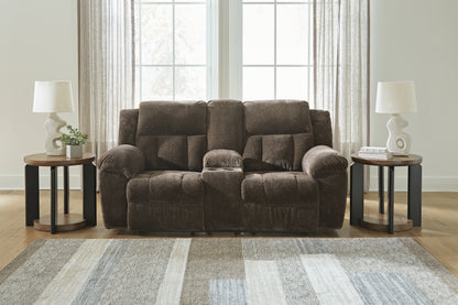 Haines Furniture Outlet - Ashley Furniture - Frohn Living Room - DBL Rec Loveseat w/Console / Chocolate - 3740794