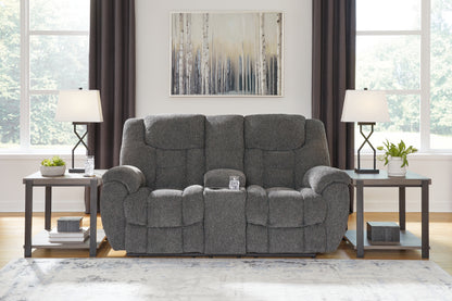 Haines Furniture Outlet - Ashley Furniture - Foreside Living Room - DBL Rec Loveseat w/Console / Charcoal - 3810494