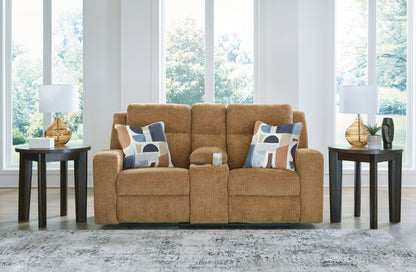 Haines Furniture Outlet - Ashley Furniture - Kanlow Living Room - DBL Rec Loveseat w/Console / Honey - 3860594