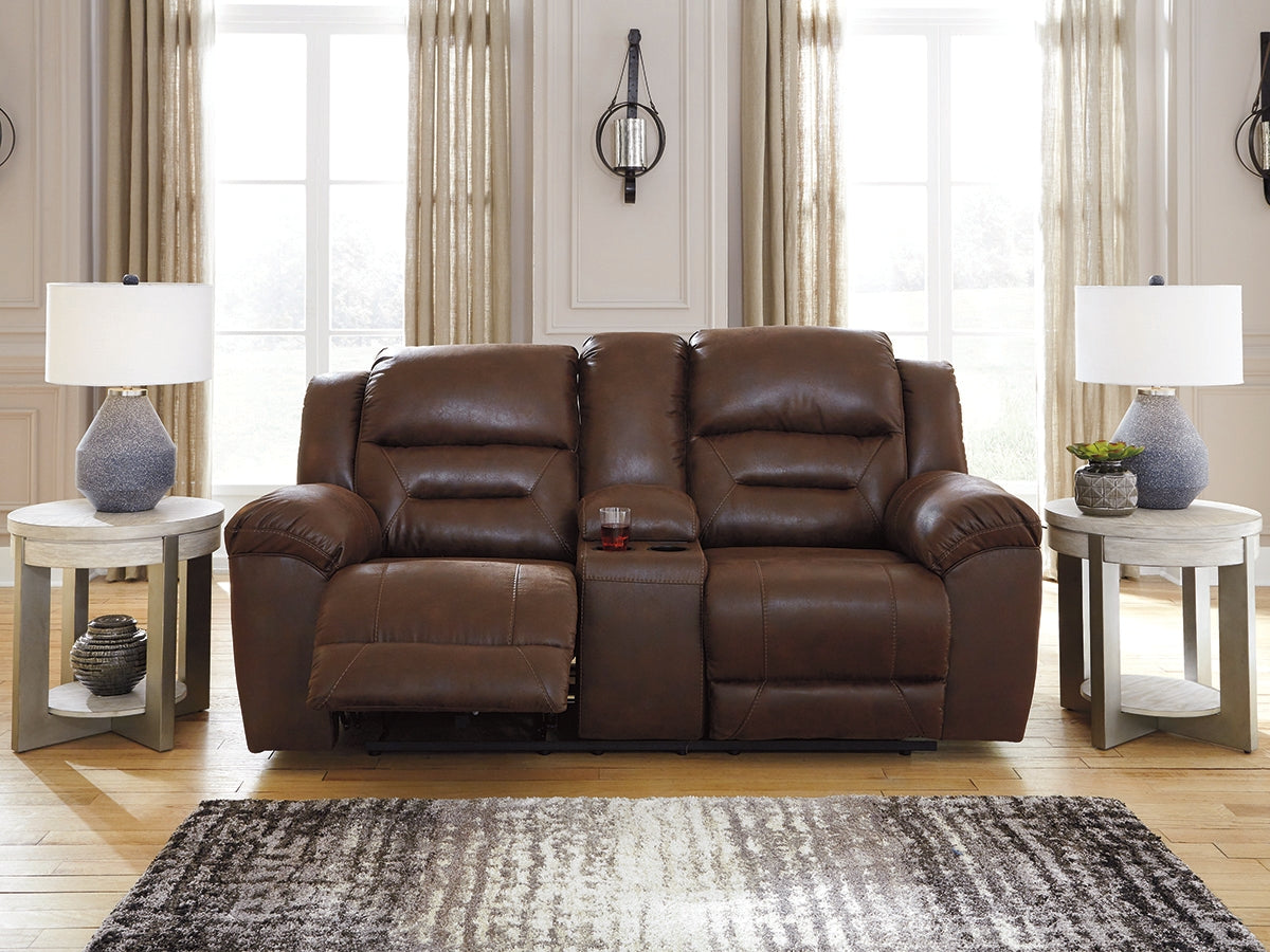 Haines Furniture Outlet - Ashley Furniture - Stoneland Living Room - DBL REC PWR Loveseat w/Console / Chocolate - 3990496