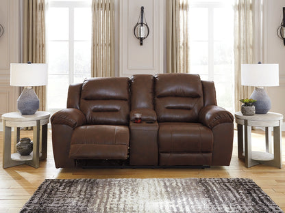 Haines Furniture Outlet - Ashley Furniture - Stoneland Living Room - DBL REC PWR Loveseat w/Console / Chocolate - 3990496