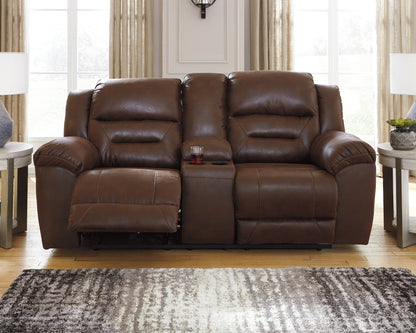 Haines Furniture Outlet - Ashley Furniture - Stoneland Living Room - DBL Rec Loveseat w/Console / Chocolate - 3990494