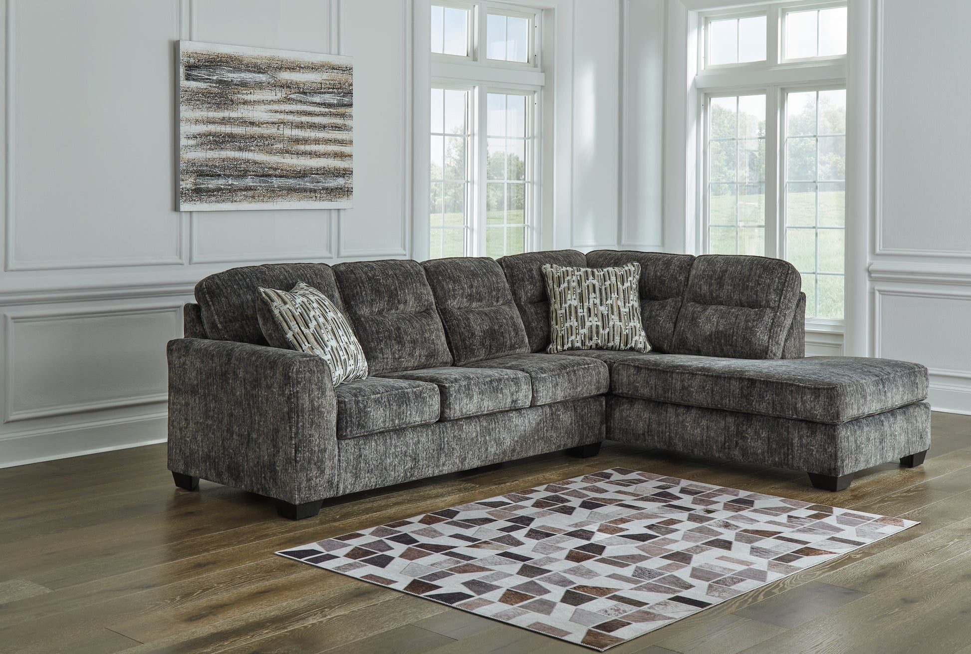 Haines Furniture Outlet - Ashley Furniture - Lonoke Sectional - RAF 2-Piece Sectional with Chaise / Gunmetal - 50504S1