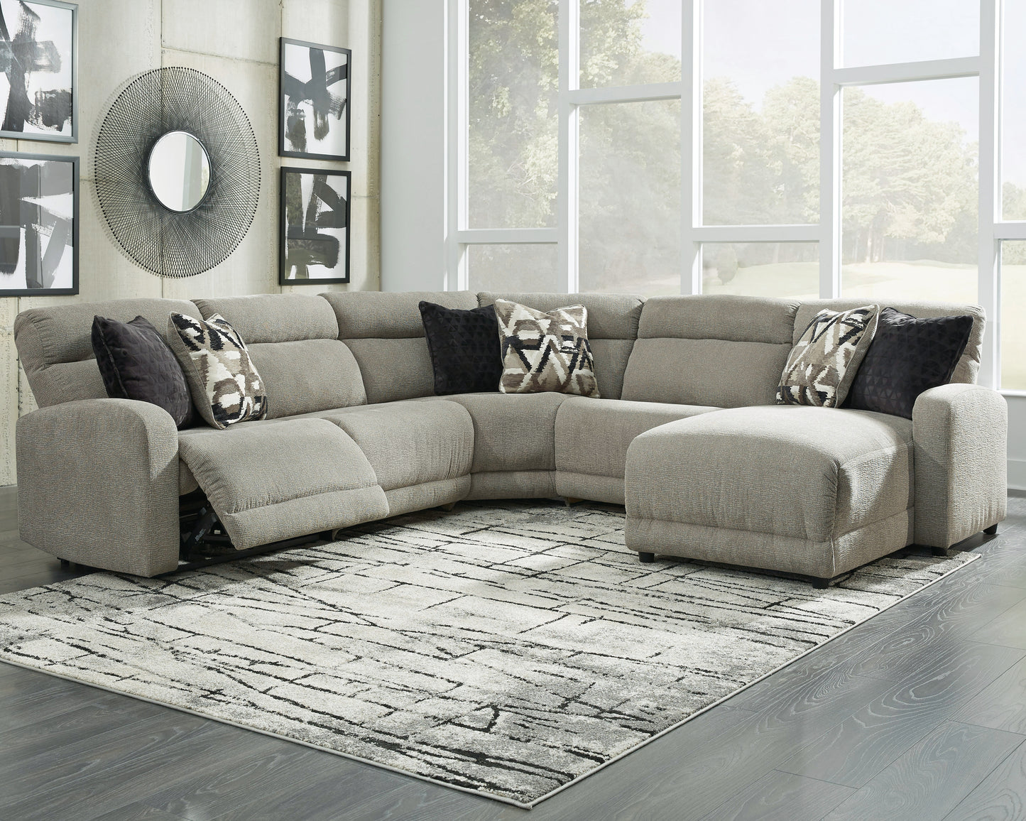 Haines Furniture Outlet - Ashley Furniture - Colleyville Sectional - 5-Piece Power Reclining Sectional with Chaise / Stone - 54405S14