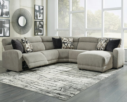 Haines Furniture Outlet - Ashley Furniture - Colleyville Sectional - 5-Piece Power Reclining Sectional with Chaise / Stone - 54405S14
