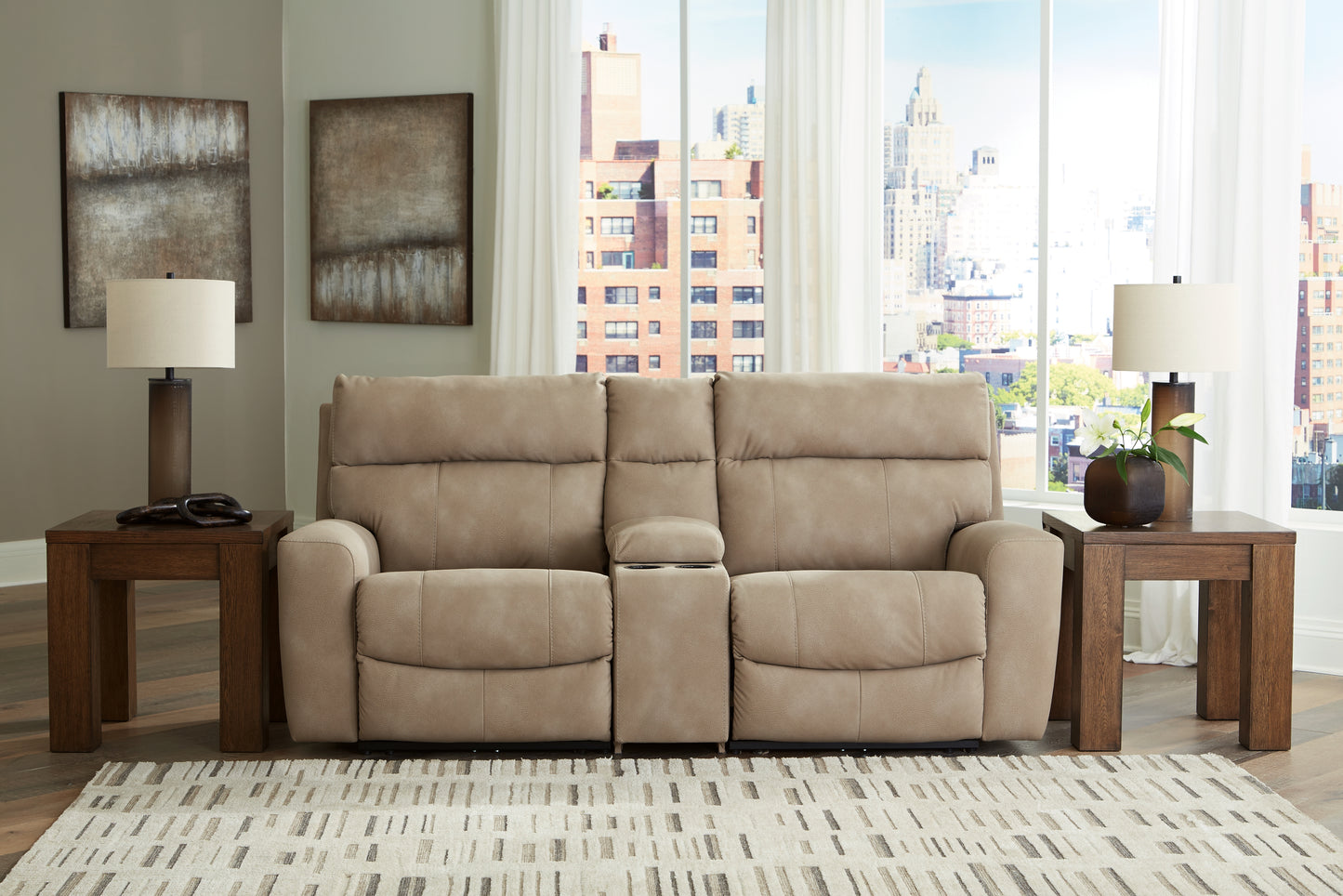 Haines Furniture Outlet - Ashley Furniture - Next-Gen DuraPella Sectional - 3-Piece Power Reclining Sectional Loveseat with Console / Sand - 61004S3