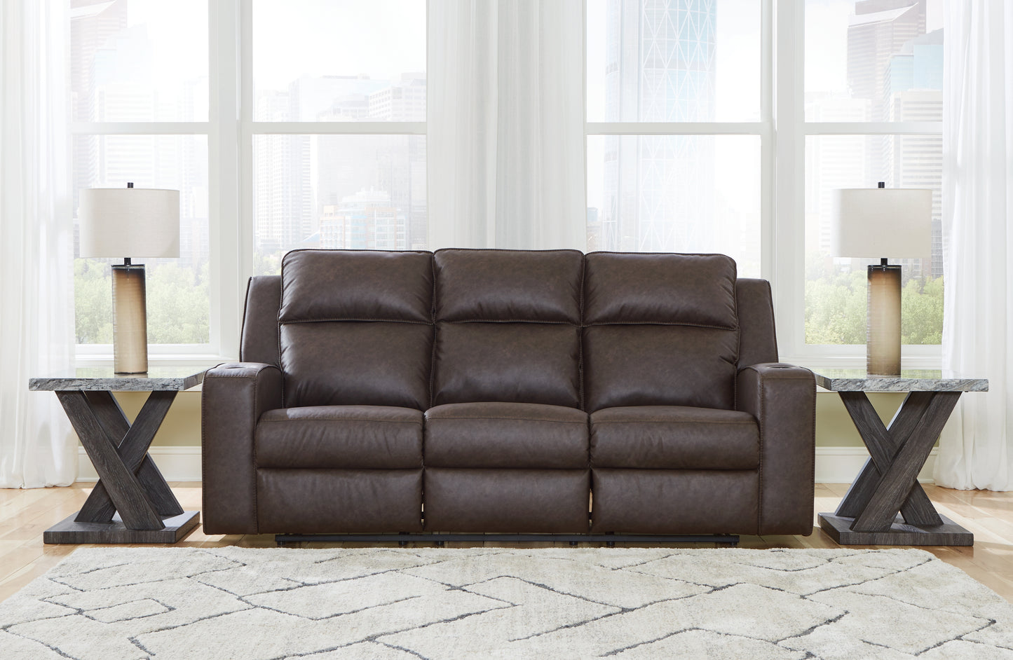 Haines Furniture Outlet - Ashley Furniture - Lavenhorne Living Room - REC Sofa w/Drop Down Table / Umber - 6330689