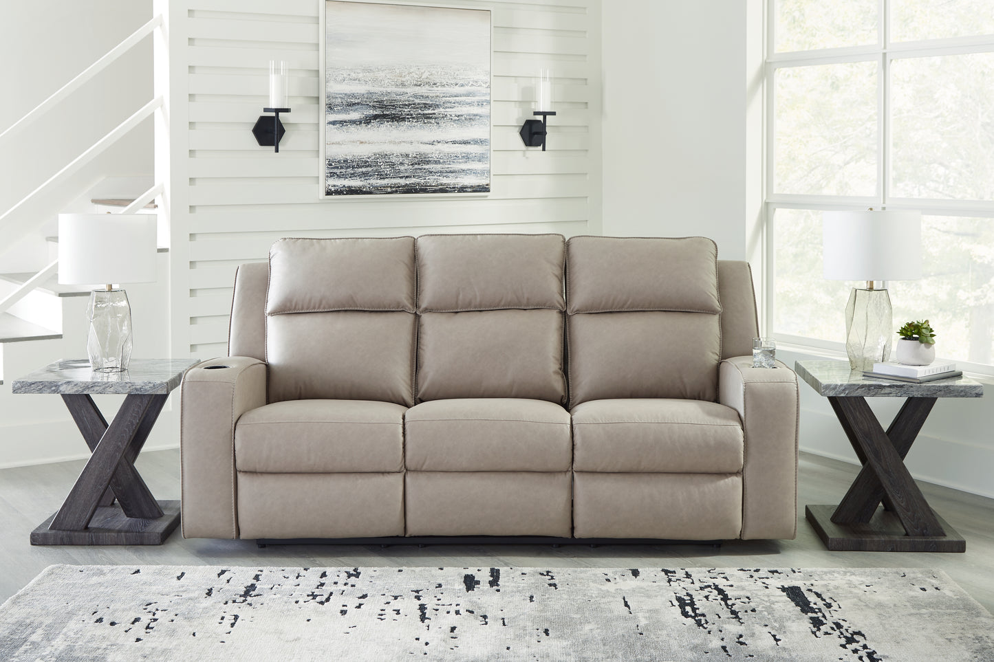 Haines Furniture Outlet - Ashley Furniture - Lavenhorne Living Room - REC Sofa w/Drop Down Table / Pebble - 6330789