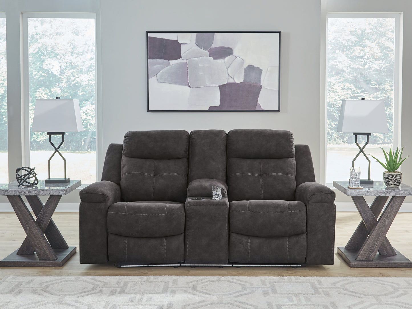 Haines Furniture Outlet - Ashley Furniture - Brysonview Living Room - DBL Rec Loveseat w/Console / Charcoal - 6360594