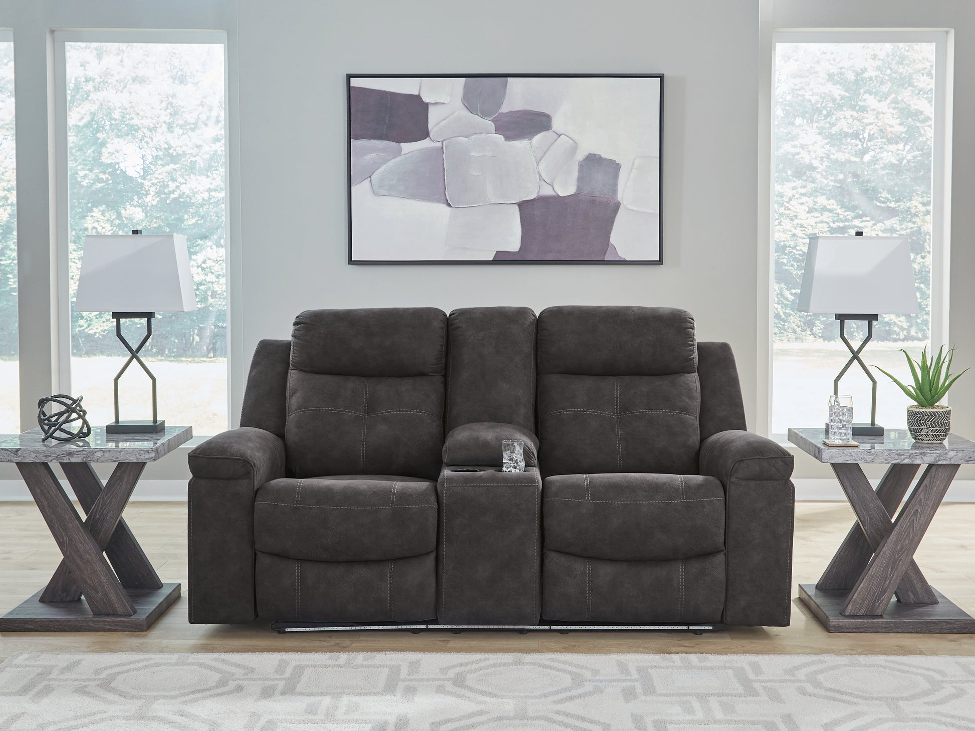 Haines Furniture Outlet - Ashley Furniture - Brysonview Living Room - DBL Rec Loveseat w/Console / Charcoal - 6360594