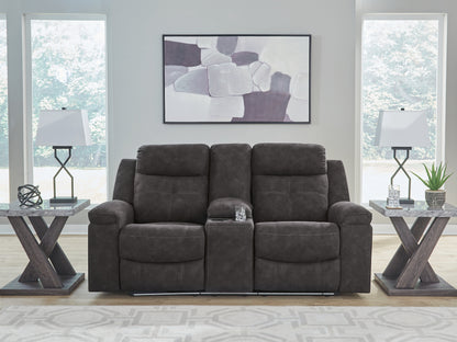 Haines Furniture Outlet - Ashley Furniture - Brysonview Living Room - DBL Rec Loveseat w/Console / Charcoal - 6360594