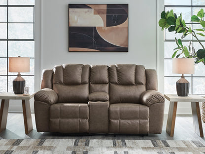 Haines Furniture Outlet - Ashley Furniture - Lowilla Living Room - DBL Rec Loveseat w/Console / Driftwood - PC6450694