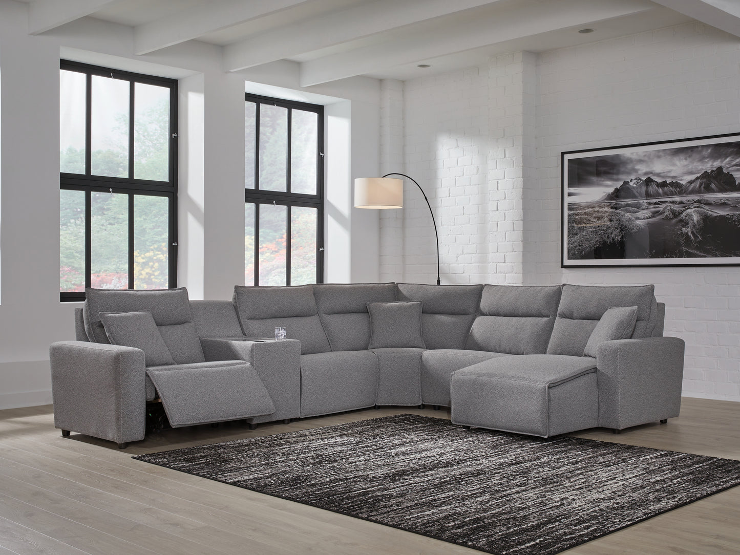 Haines Furniture Outlet - Ashley Furniture - ModMax II Sectional - 6-Piece Power Reclining Sectional with Chaise and Console / Salt and Pepper - 65906S6