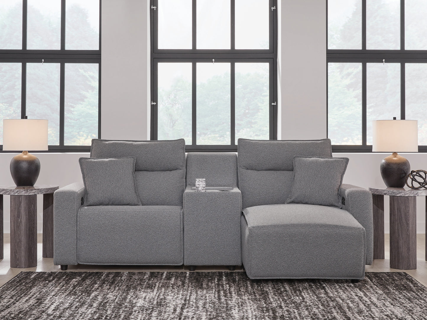 Haines Furniture Outlet - Ashley Furniture - ModMax II Sectional - 3-Piece Power Reclining Sectional with Chaise and Console / Salt and Pepper - 65906S4