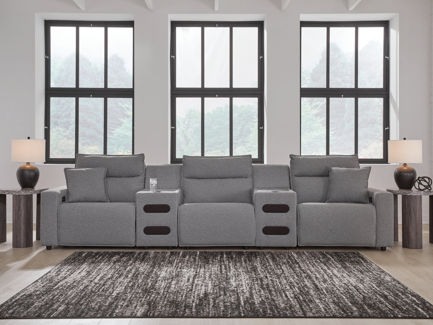 Haines Furniture Outlet - Ashley Furniture - ModMax II Sectional - 5-Piece Power Reclining Sectional with Audio Consoles / Salt and Pepper - 65906S13