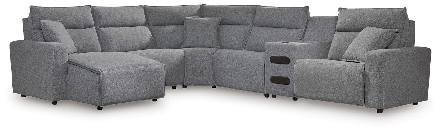 Haines Furniture Outlet - Ashley Furniture - ModMax II Sectional - 6-Piece Reclining Sectional with Chaise and Audio Console / Salt and Pepper - 65906S29