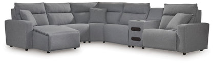 Haines Furniture Outlet - Ashley Furniture - ModMax II Sectional - 6-Piece Reclining Sectional with Chaise and Audio Console / Salt and Pepper - 65906S29