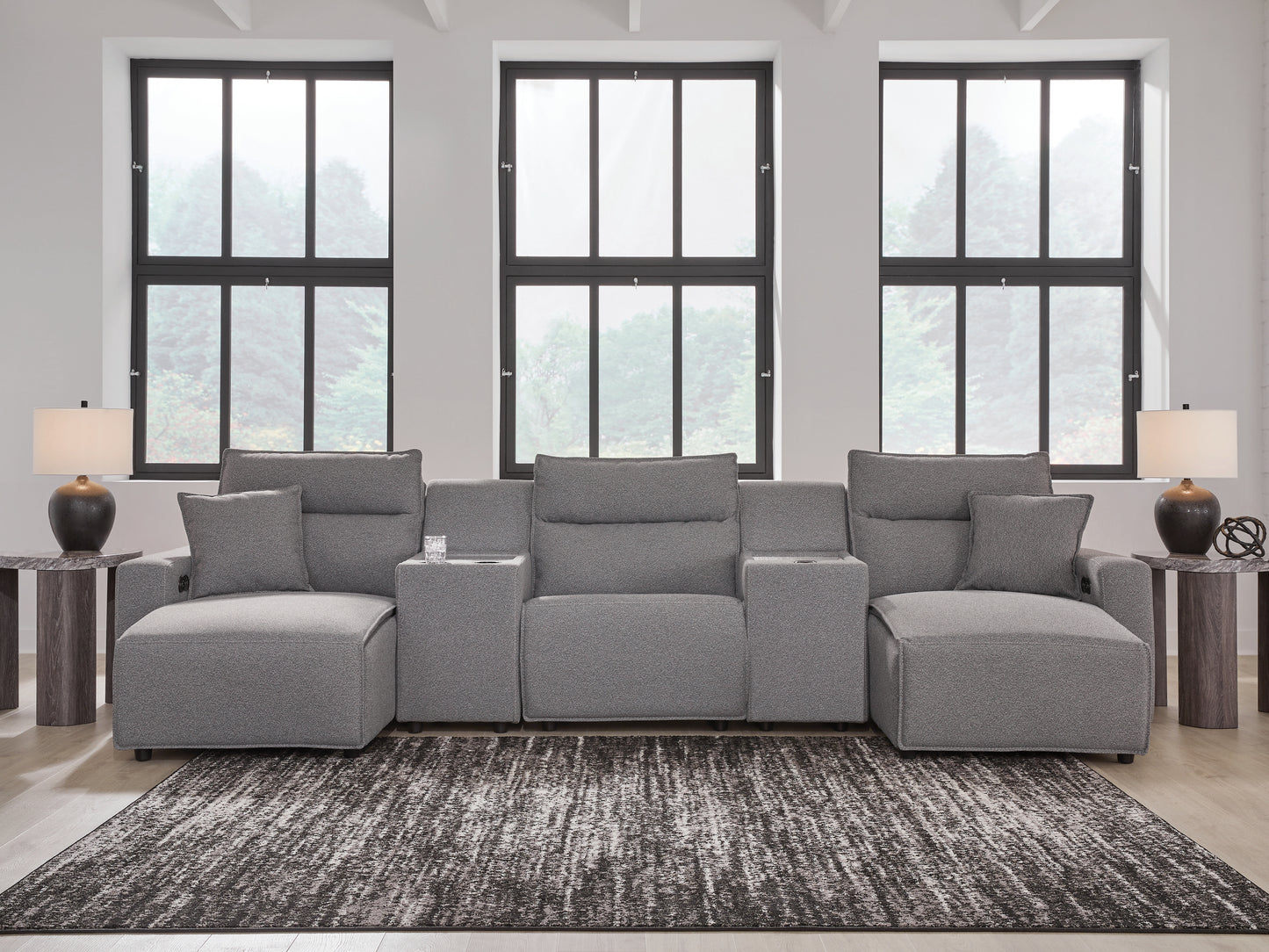 Haines Furniture Outlet - Ashley Furniture - ModMax II Sectional - 5-Piece Power Reclining Sectional with Chaise and Consoles / Salt and Pepper - 65906S16