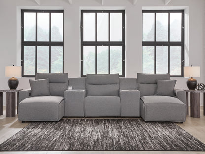 Haines Furniture Outlet - Ashley Furniture - ModMax II Sectional - 5-Piece Power Reclining Sectional with Chaise and Consoles / Salt and Pepper - 65906S16