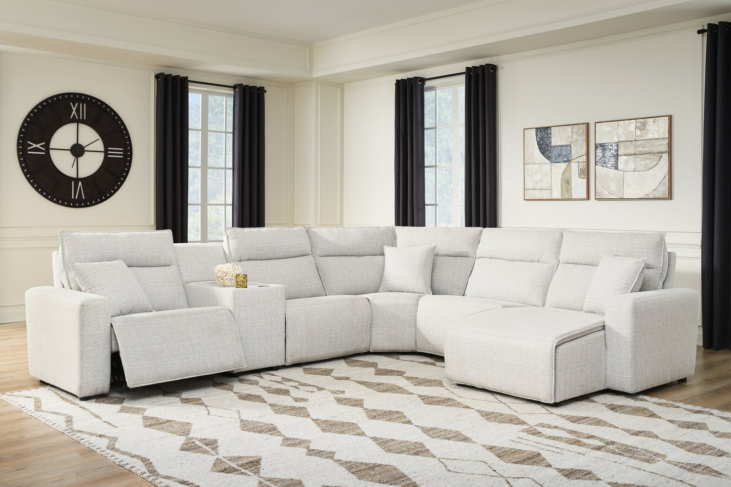 Haines Furniture Outlet - Ashley Furniture - ModMax II Sectional - 6-Piece Power Reclining Sectional with Chaise and Console / Stone - 65907S6