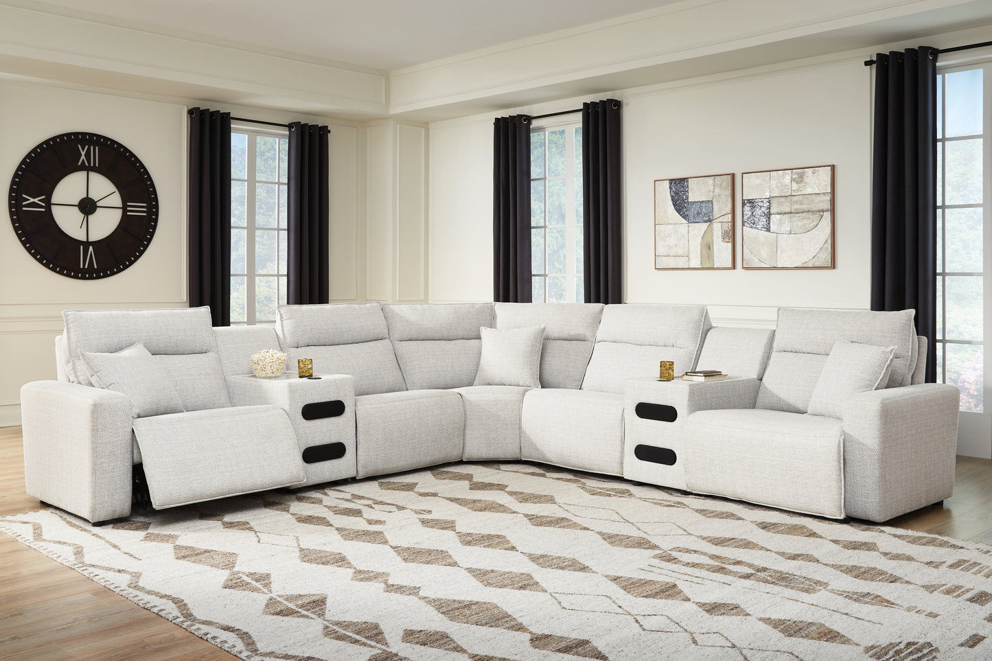 Haines Furniture Outlet - Ashley Furniture - ModMax II Sectional - 7-Piece Power Reclining Sectional with Audio Consoles / Stone - 65907S9