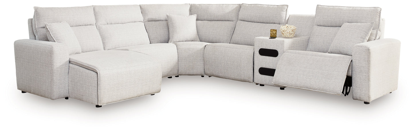 Haines Furniture Outlet - Ashley Furniture - ModMax II Sectional - 6-Piece Reclining Sectional with Chaise and Audio Console / Stone - 65907S29