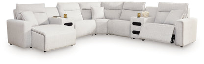 Haines Furniture Outlet - Ashley Furniture - ModMax II Sectional - 7-Piece Power Reclining Sectional with Chaise and Audio Consoles / Stone - 65907S20