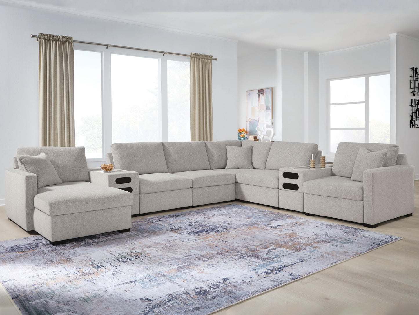Haines Furniture Outlet - Ashley Furniture - ModMax Luxe Sectional - RAF 8-Piece Sectional with Chaise and Audio Consoles / Flint - 68605S41