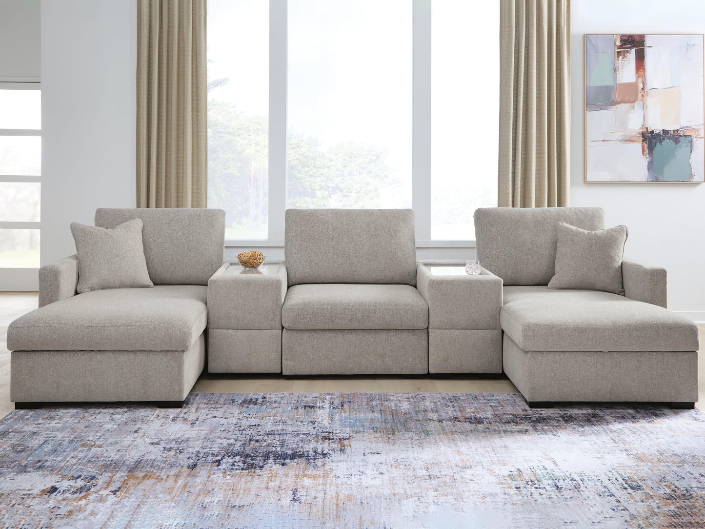 Haines Furniture Outlet - Ashley Furniture - ModMax Luxe Sectional - RAF 5-Piece Double Chaise Sectional with Storage Consoles / Flint - 68605S38