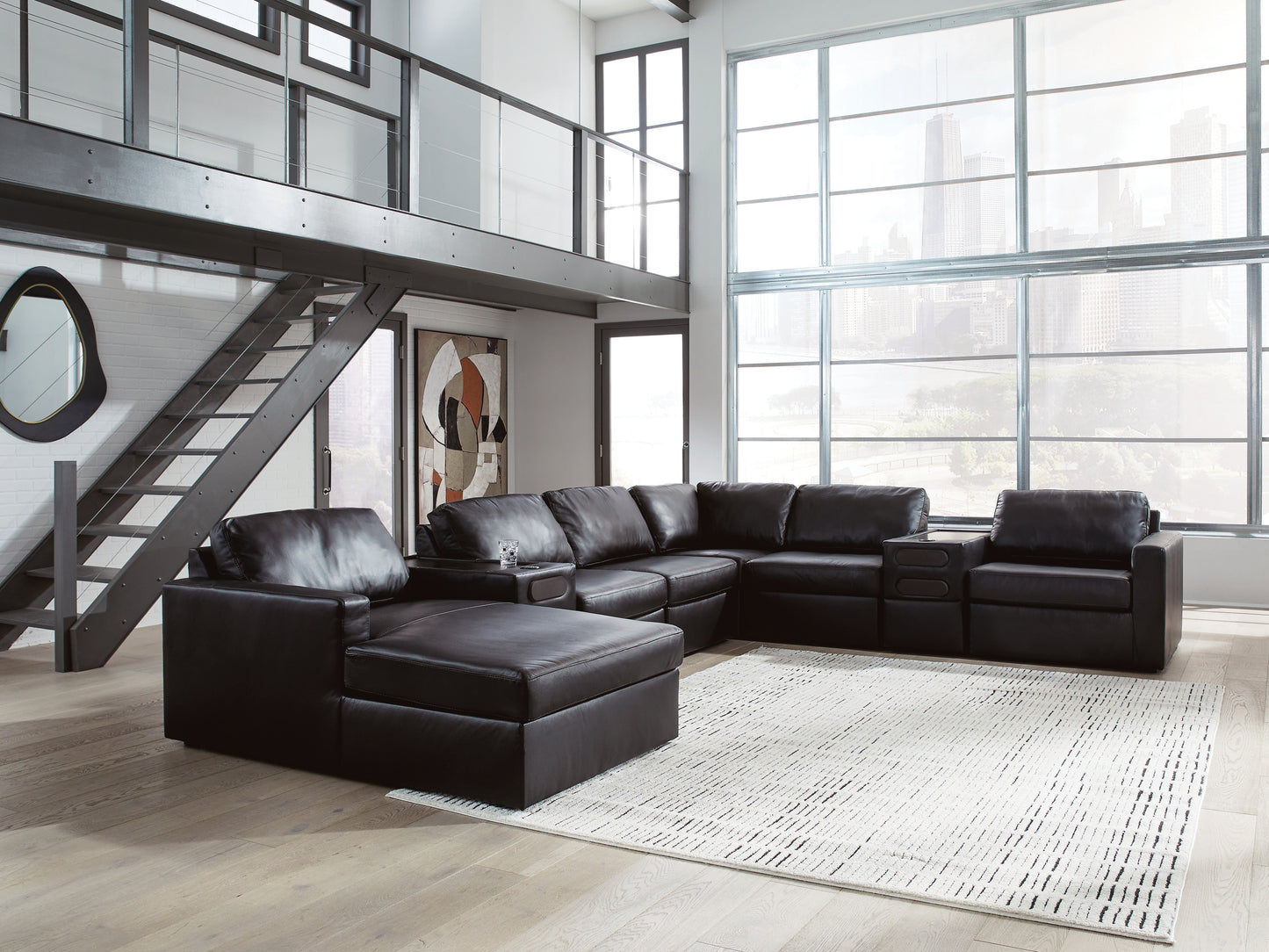 Haines Furniture Outlet - Ashley Furniture - ModMax II Sectional - RAF 8-Piece Sectional with Chaise and Audio Consoles / Black - 74305S47