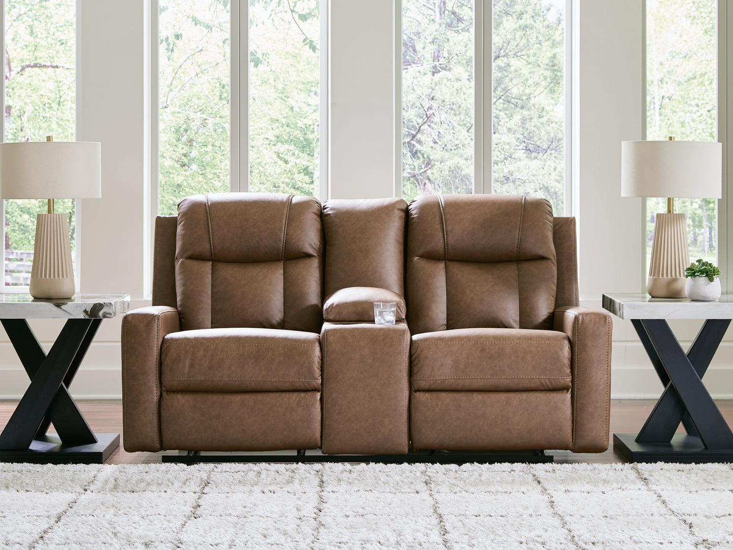 Haines Furniture Outlet - Ashley Furniture - Mackmenville Living Room - DBL Rec Loveseat w/Console / Caramel - 7471494