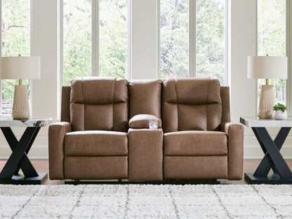 Haines Furniture Outlet - Ashley Furniture - Mackmenville Living Room - DBL Rec Loveseat w/Console / Caramel - 7471494