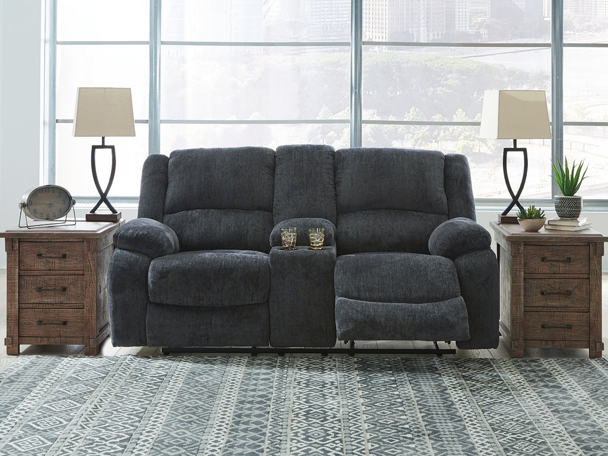 Haines Furniture Outlet - Ashley Furniture - Draycoll Living Room - DBL Rec Loveseat w/Console / Slate - 7650494
