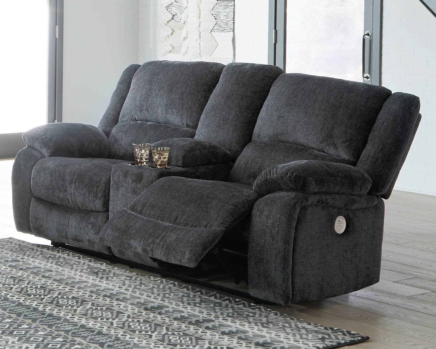 Haines Furniture Outlet - Ashley Furniture - Draycoll Living Room - DBL REC PWR Loveseat w/Console / Slate - 7650496